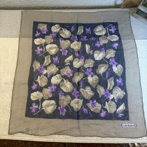 Vintage 70s Cacharel for Glentex Silk Scarf Sheer Navy Violet Pansy Floral 21"